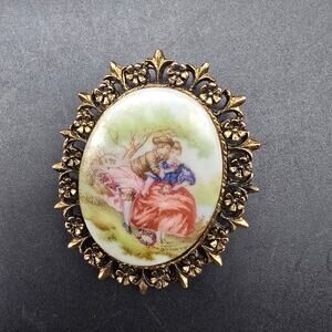 Victorian Courting Scene Brooch Gold Tone Oval Vintage Costume Jewelry